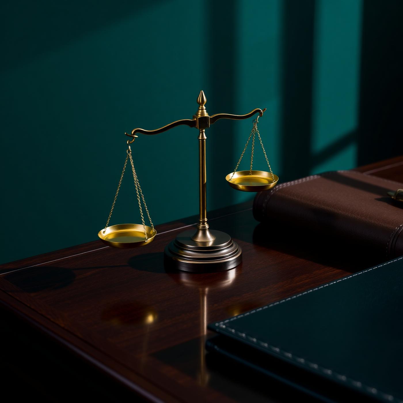 Brass scales of justice on a walnut desk